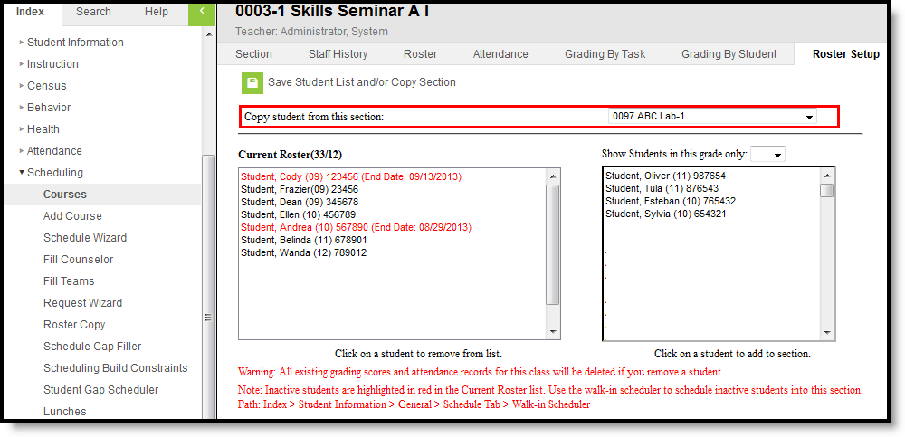 Screenshot of the Roster Setup Tool highlighting the Copy Student From this Section 