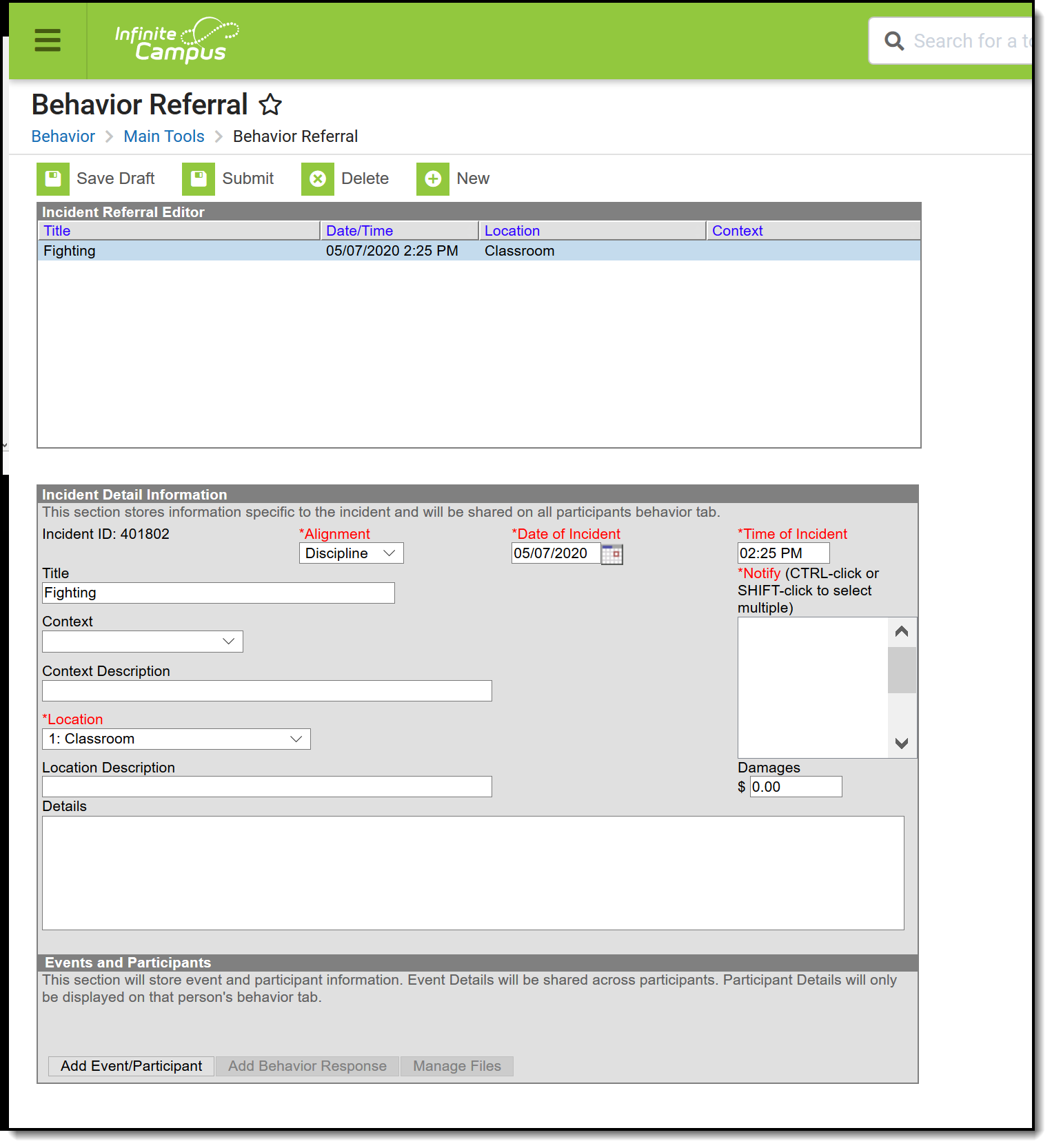 Screenshot of the Behavior Referral tool. 