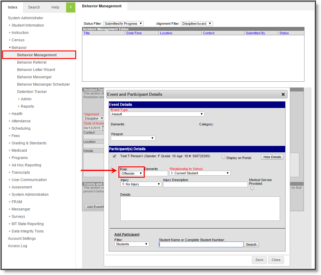 screenshot of the behavior management tool highlighting the offender role.