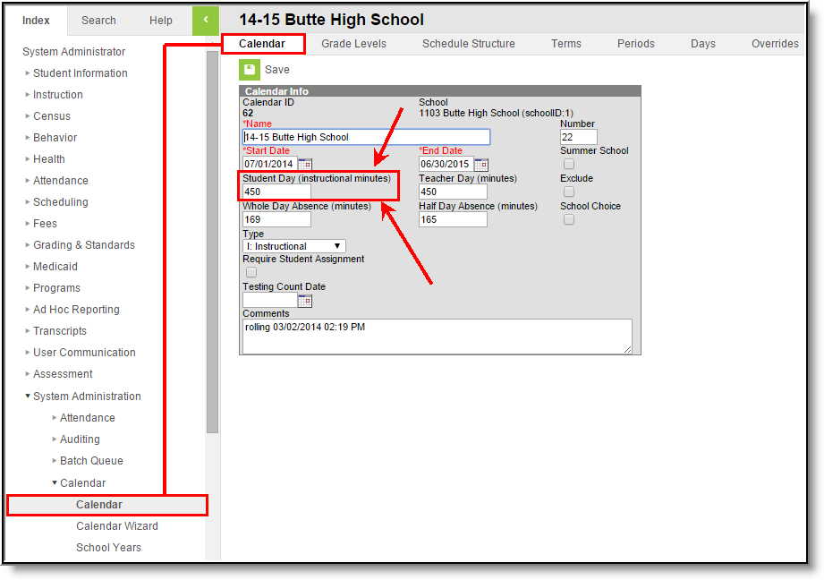 screenshot of the calendar tab highlighting the student day.