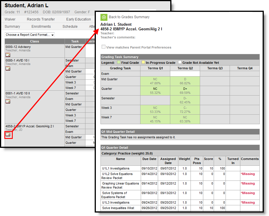 two part screenshot highlighting the assignment icon and an example of the assignment details. 