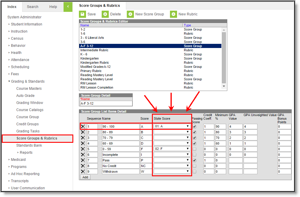 screenshot of the score groups and rubrics tool highlighting the state score.