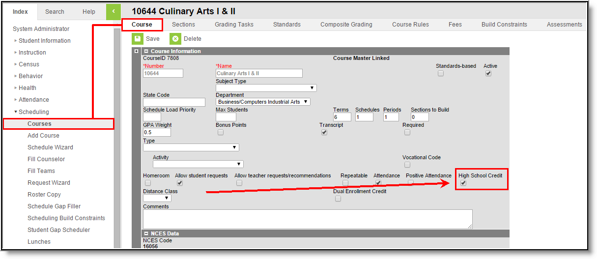 screenshot of the course tab highlighting the high school credit checkbox.