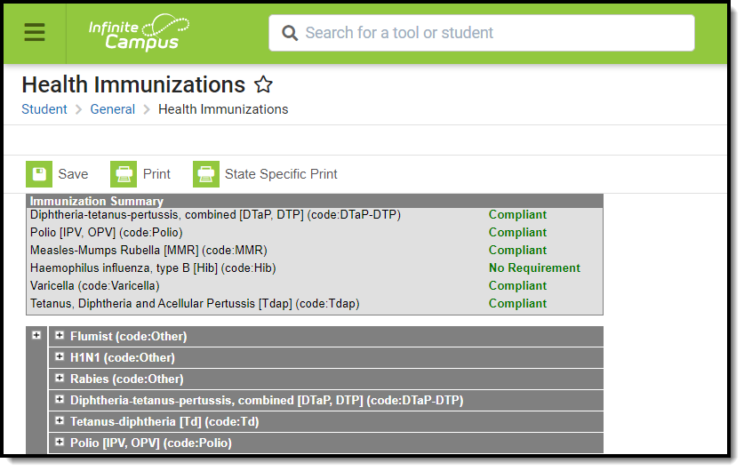 Screenshot of the Student Immunizations tool.