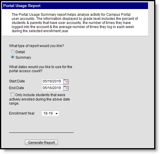 Screenshot of the Portal Usage report editor in summary format. 