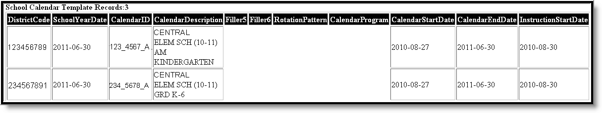 Screenshot of the school calendar template HTML format example.