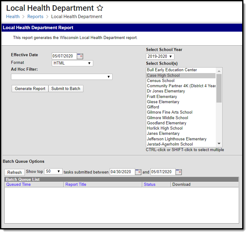 Screenshot of the local health department report extract editor.
