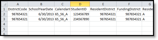 Screenshot of the student calendar template CSV format example.