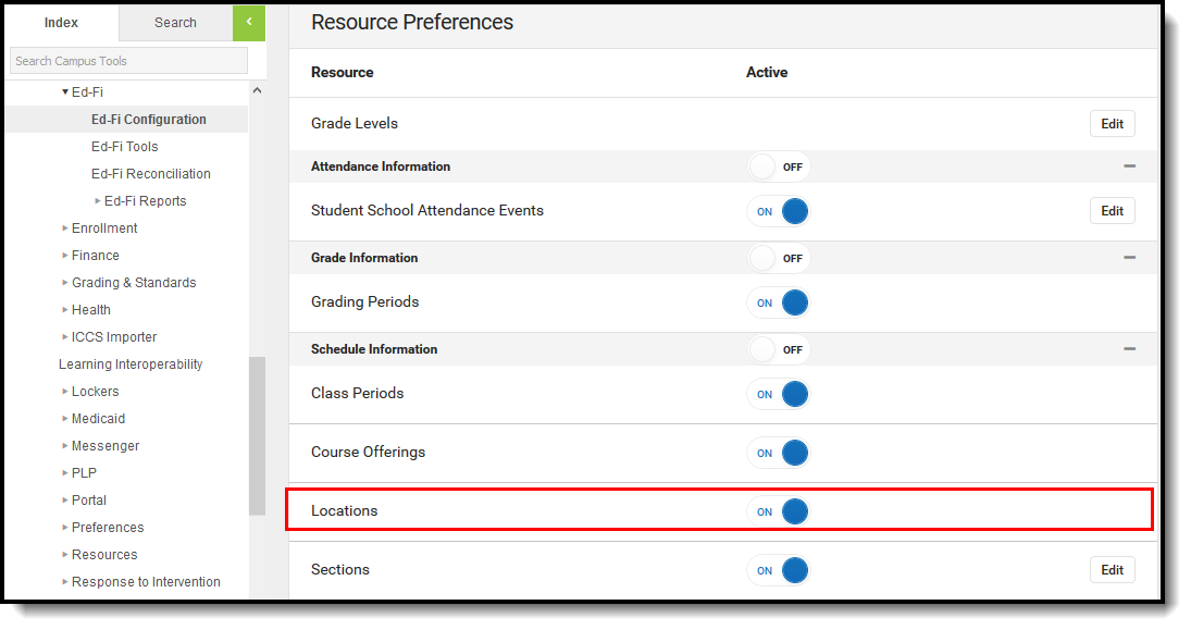 Screenshot of Locations Resource Preferences.