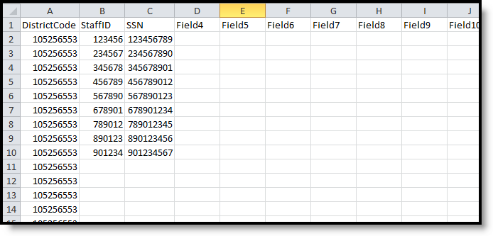 Screenshot of the staff template CSV format example.