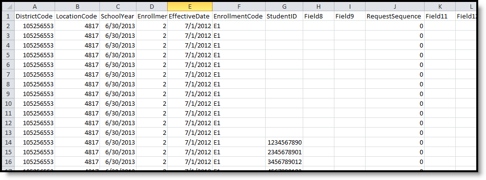 Screenshot of the student course enrollment template state format example.