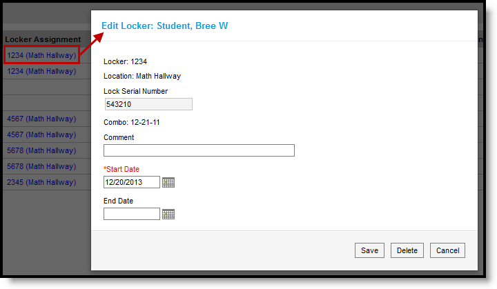 Screenshot of the edit locker modal that displays when a locker assignment is clicked.  