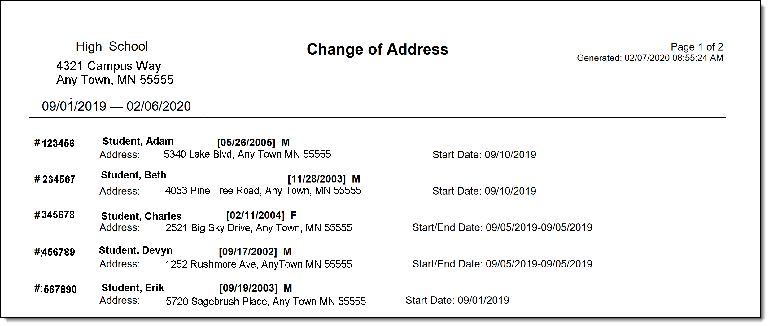 Screenshot of the printed view of the Change Address report. 