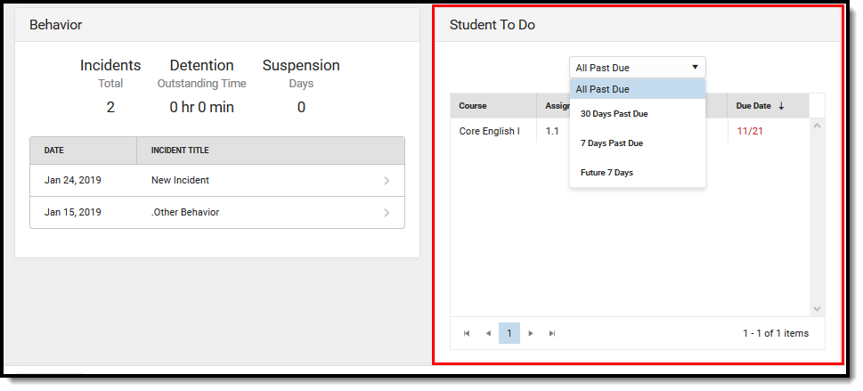 Screenshot of student to-do section.