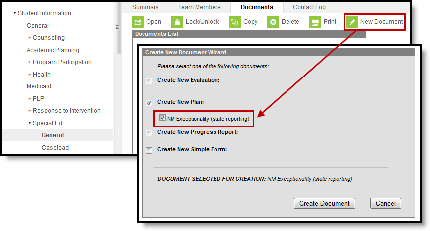 Screenshot of the Documents tool with the Exceptionality Plan selected.
