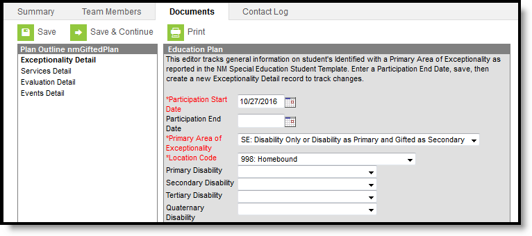 Screenshot of the Exceptionality Data Plan example.