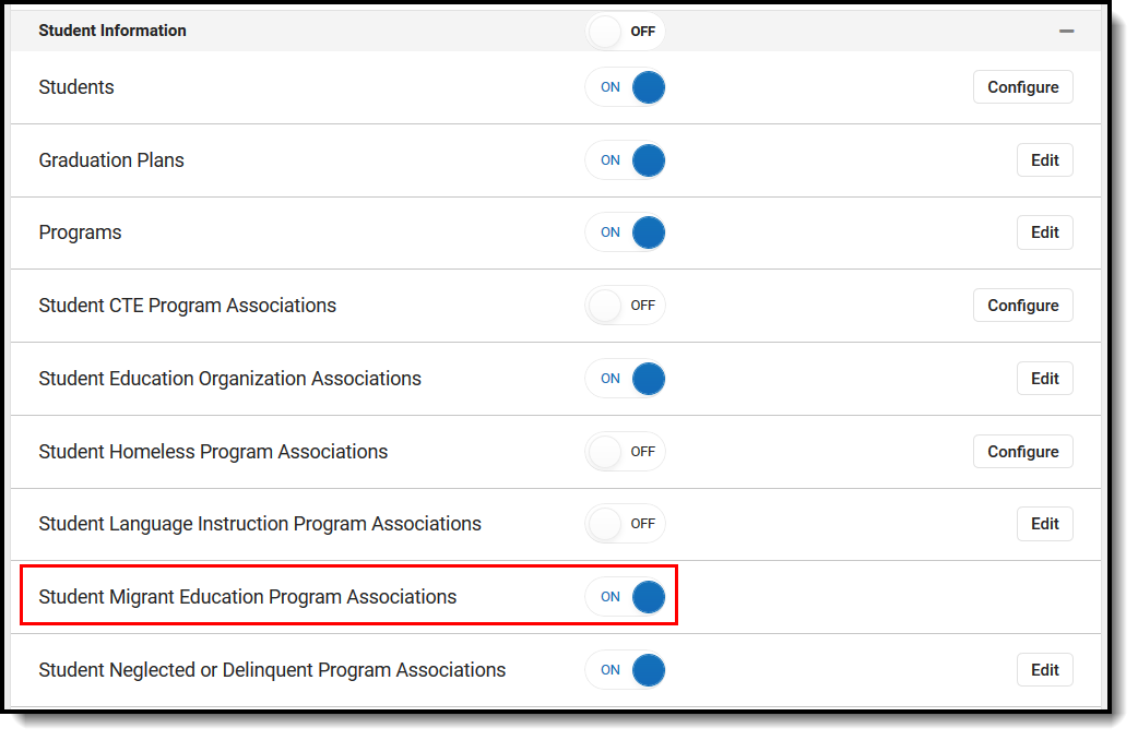 Screenshot of Student Migrant Education Program Associations Resource Preferences.