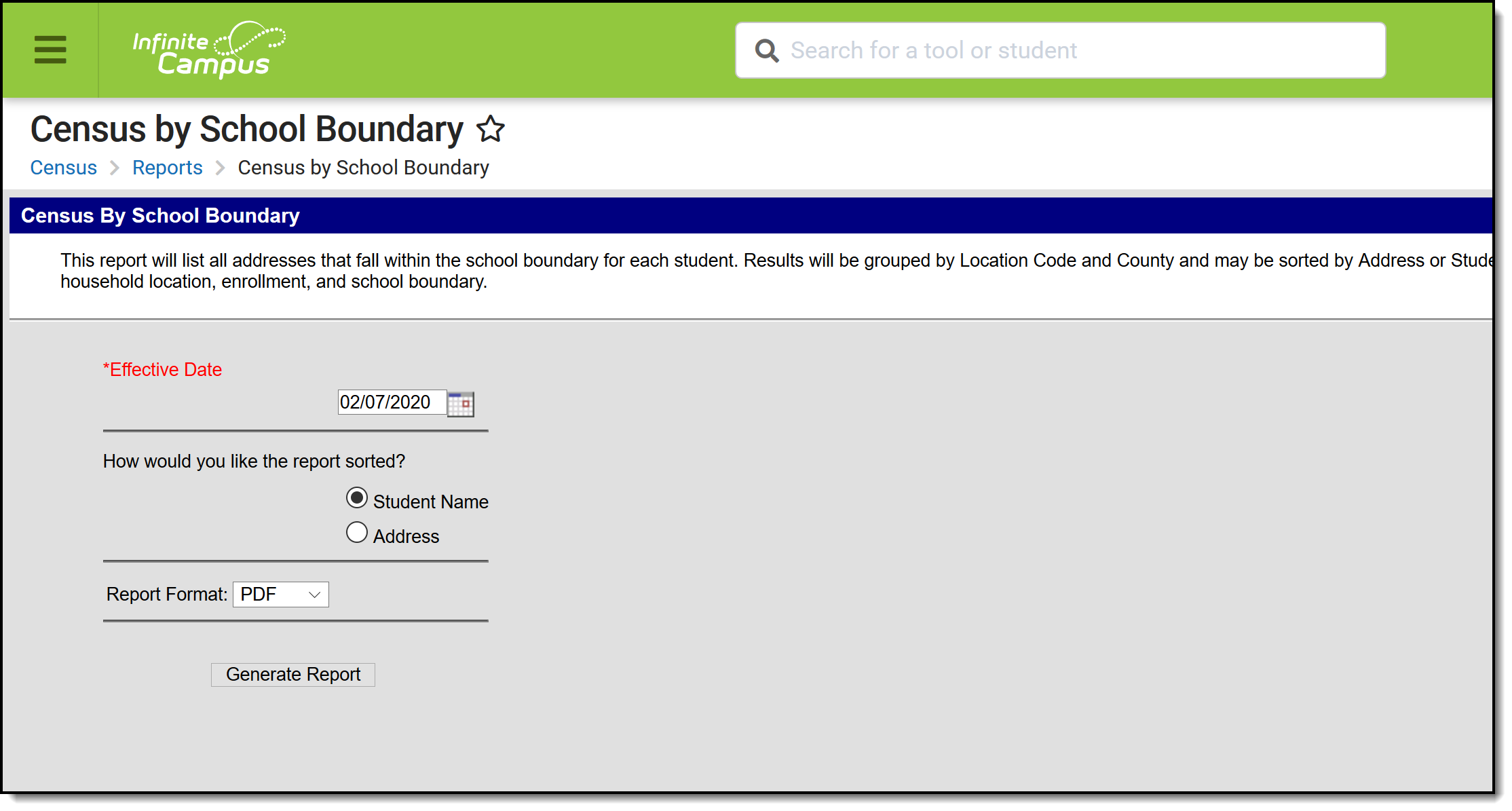 Screenshot of Census by School Boundary report tool.