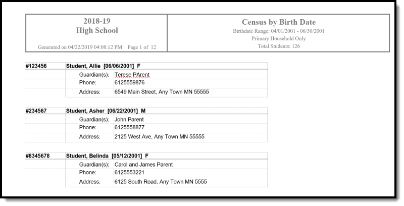 Screenshot of Census by Birth Date report output in DOCX.