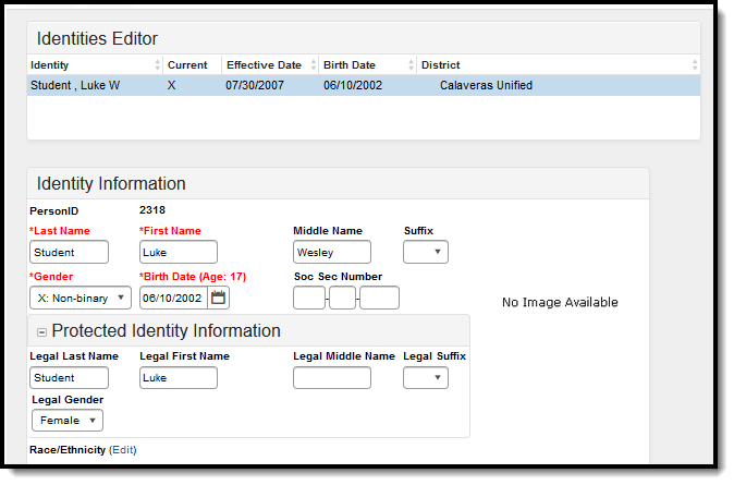 Screenshot of the Gender and Legal Gender fields for Non-Binary assignemtn on the Census, People, Identities editor. 
