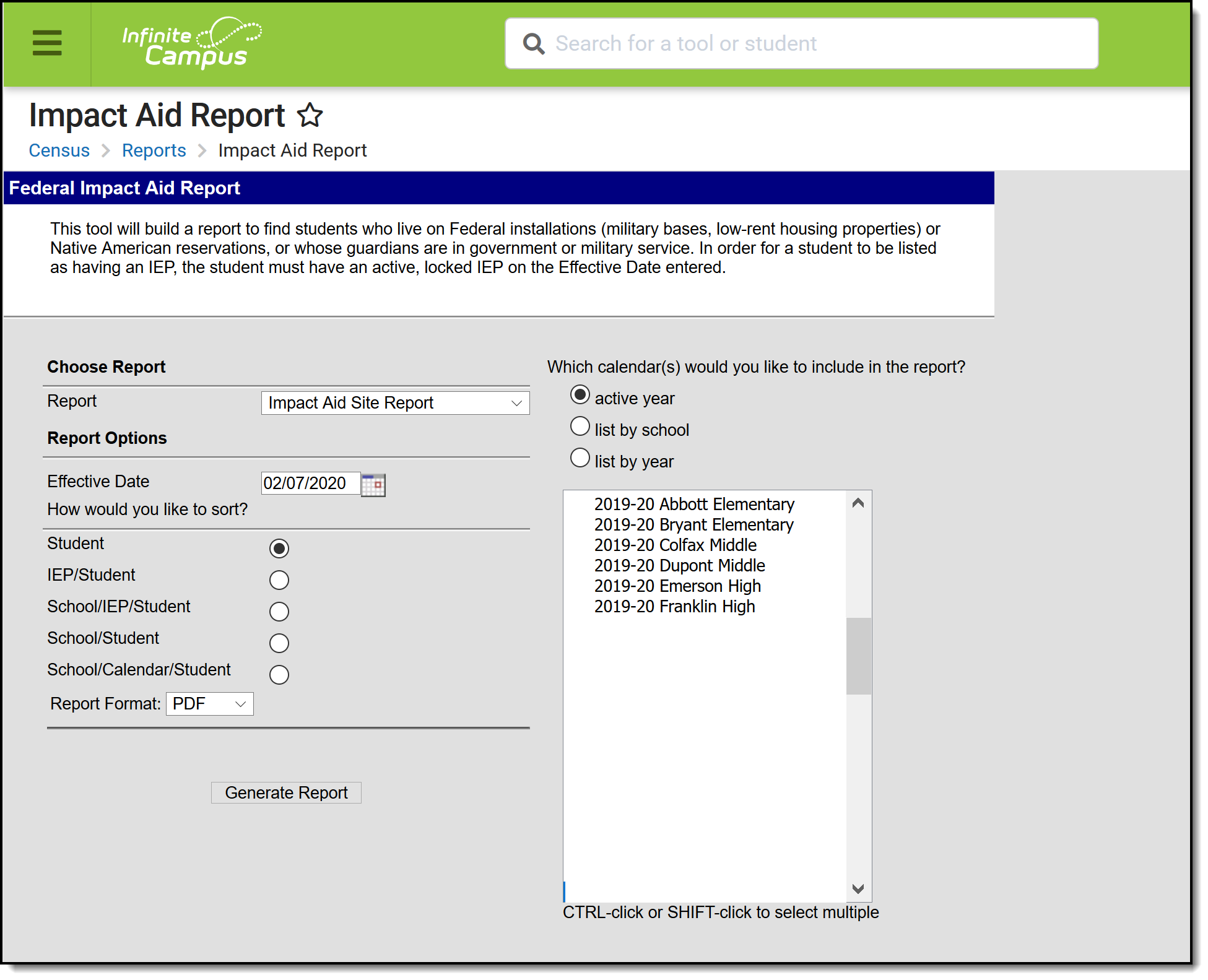 Screenshot of the Impact Aid Report Editor. 