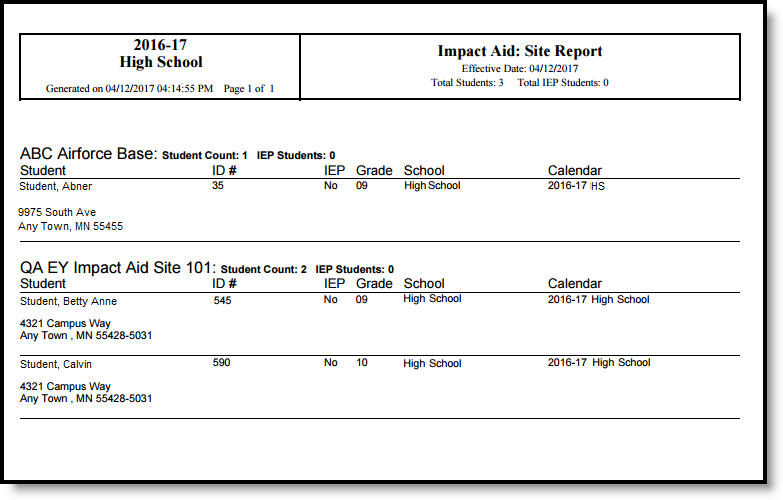Screenshot of a sample Impact Aid report in pdf format. 