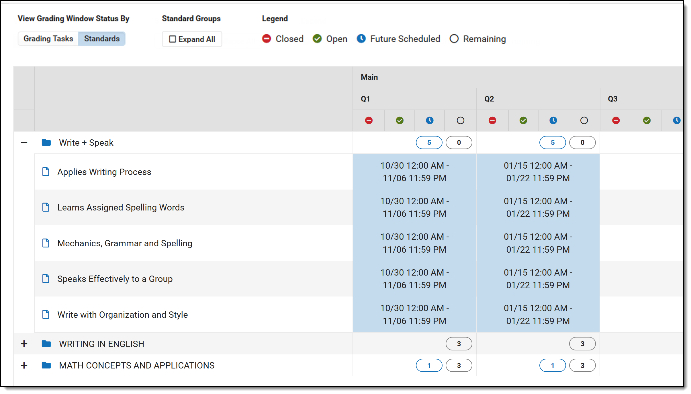 Screenshot showing how to view scheduled grading windows by standards.