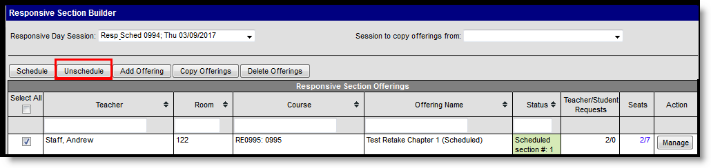 Screenshot of Unschedule Responsive Day Offering