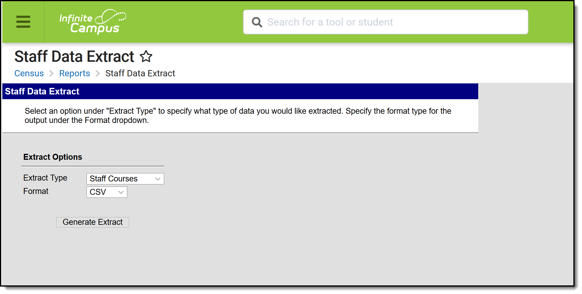 Screenshot of the Staff Data Extract tool.
