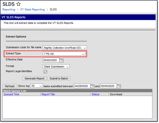 Screenshot of SLDS tool with PS Att Extract Type selected.