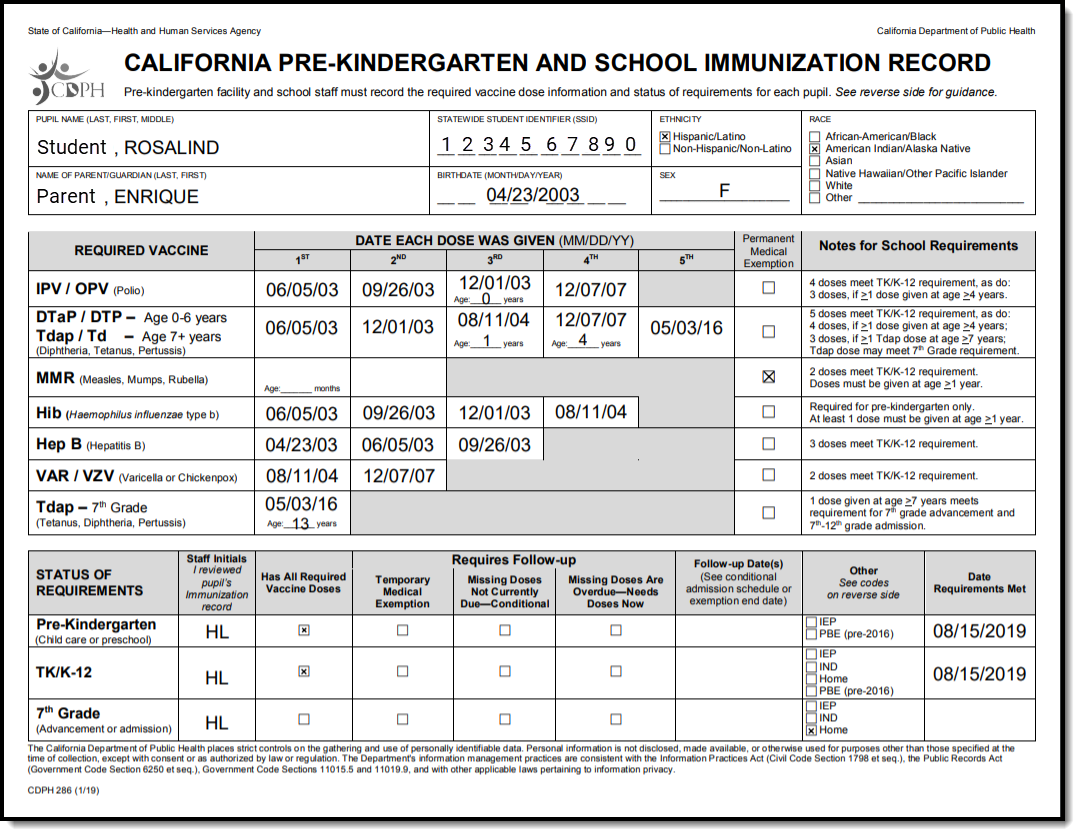 Image of the California Pre-Kindergarten and School Immunization Record Example