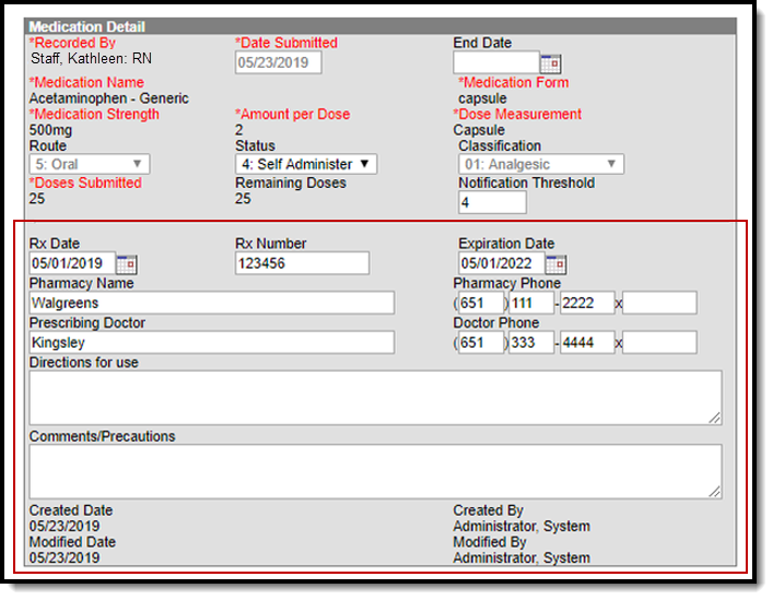 Screenshot of the medication detail with the prescription entry fields highlighted.