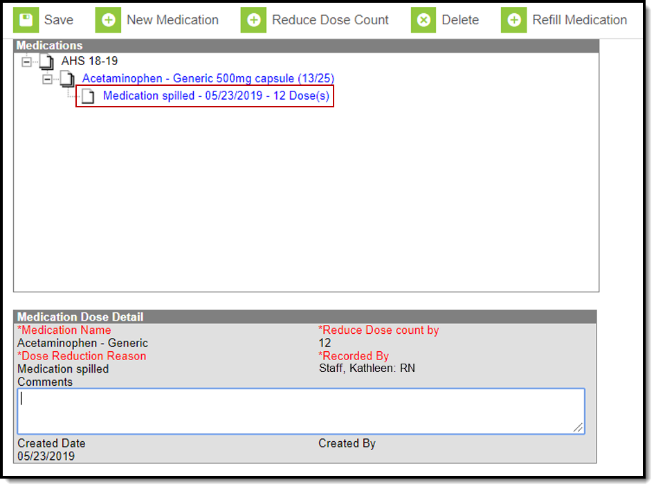 Screenshot of a reduced medication record example.