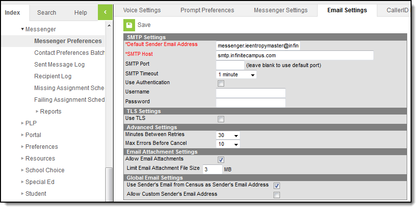 Screenshot of Messenger Email Settings
