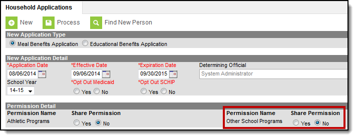 Screenshot of Permissions in Household Application Tool