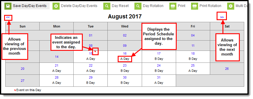 Screenshot of Calendar view in Days tool with callouts around various UI components. 