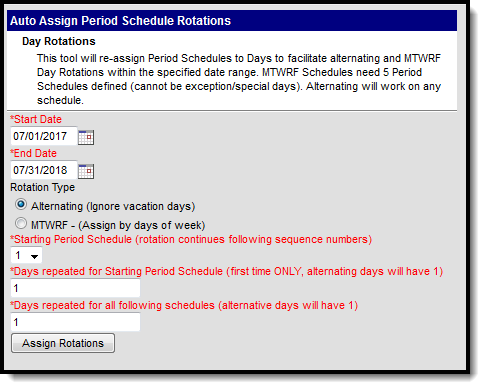 Screenshot of the Auto Assign Period Schedule Rotations tool. 