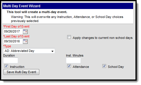 Screenshot of the Multi-Day Event Wizard. 