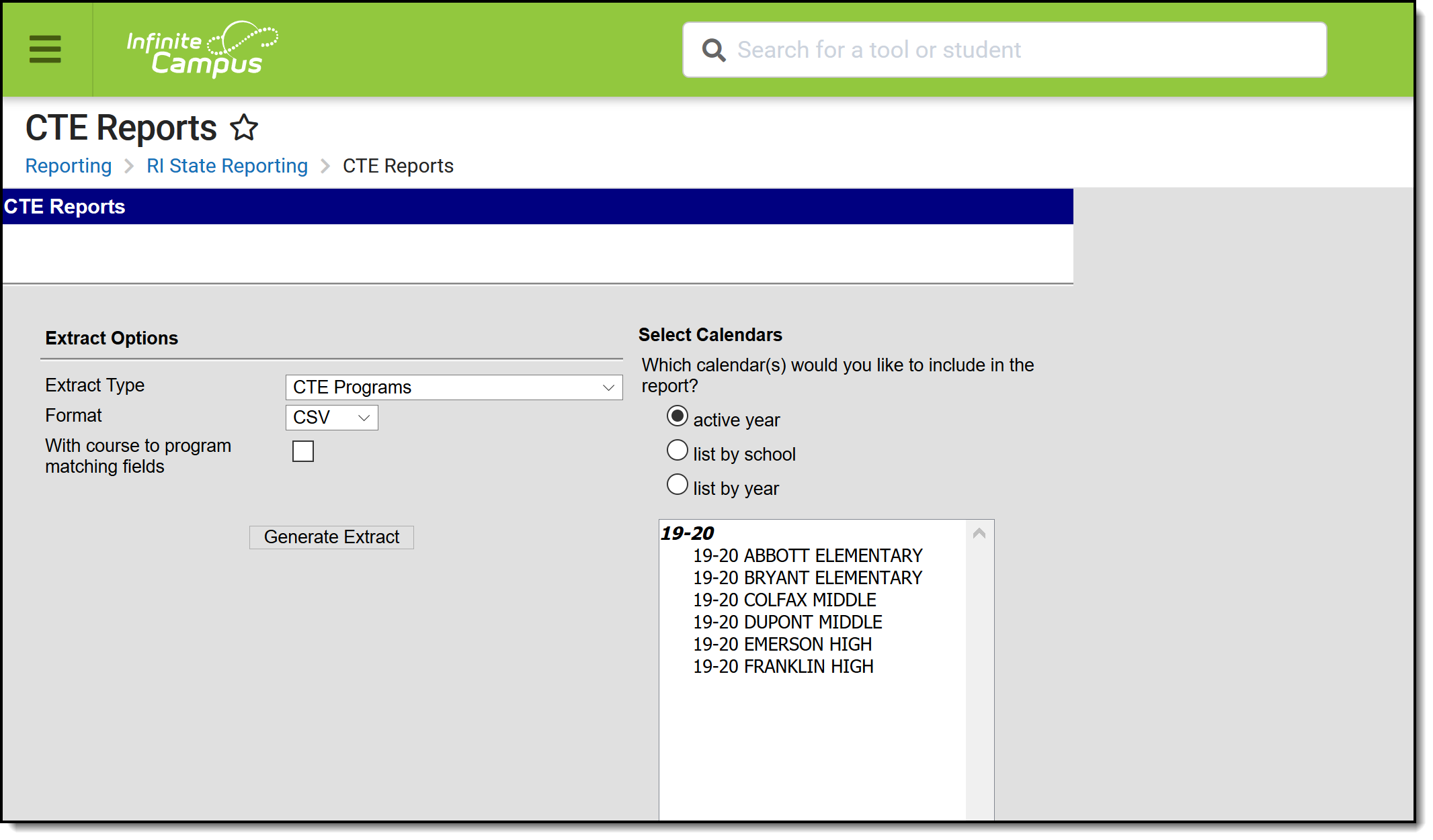 Screenshot of CTE Programs Reports editor.