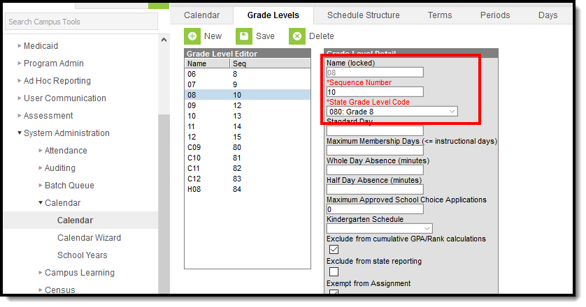 Screenshot of Grade Levels tool with Name, Sequence Number and State Grade Level Code highlighted.