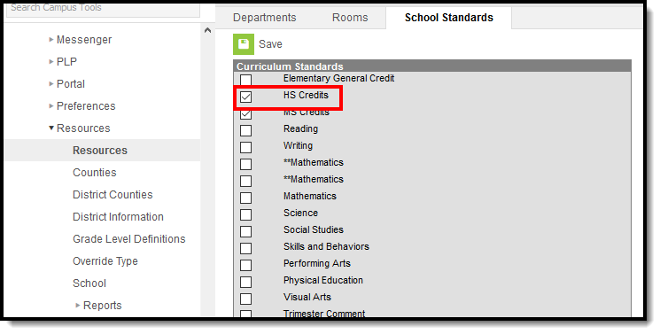 Screenshot of School Standards tool with High School Credit Group highlighted.