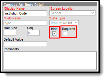 Image of Campus Attribute Detal with the Hide Checkbox Marked.