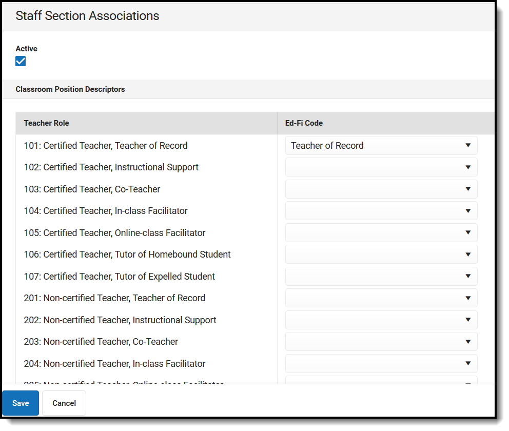 Screenshot of Classroom Position Descriptors.