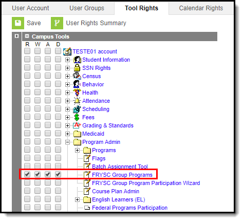 Screenshot of the FRYSC Group Programs tool rights.
