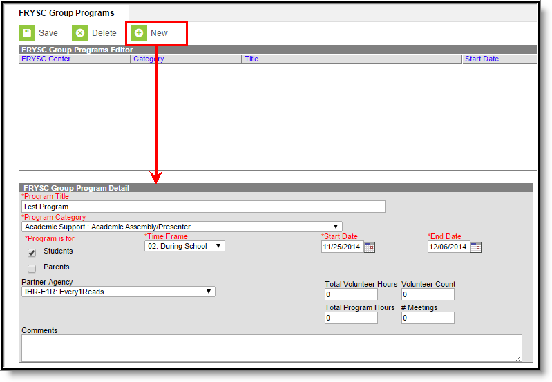 Screenshot of the FRYSC Group Program Detail editor displaying how to create a new program.