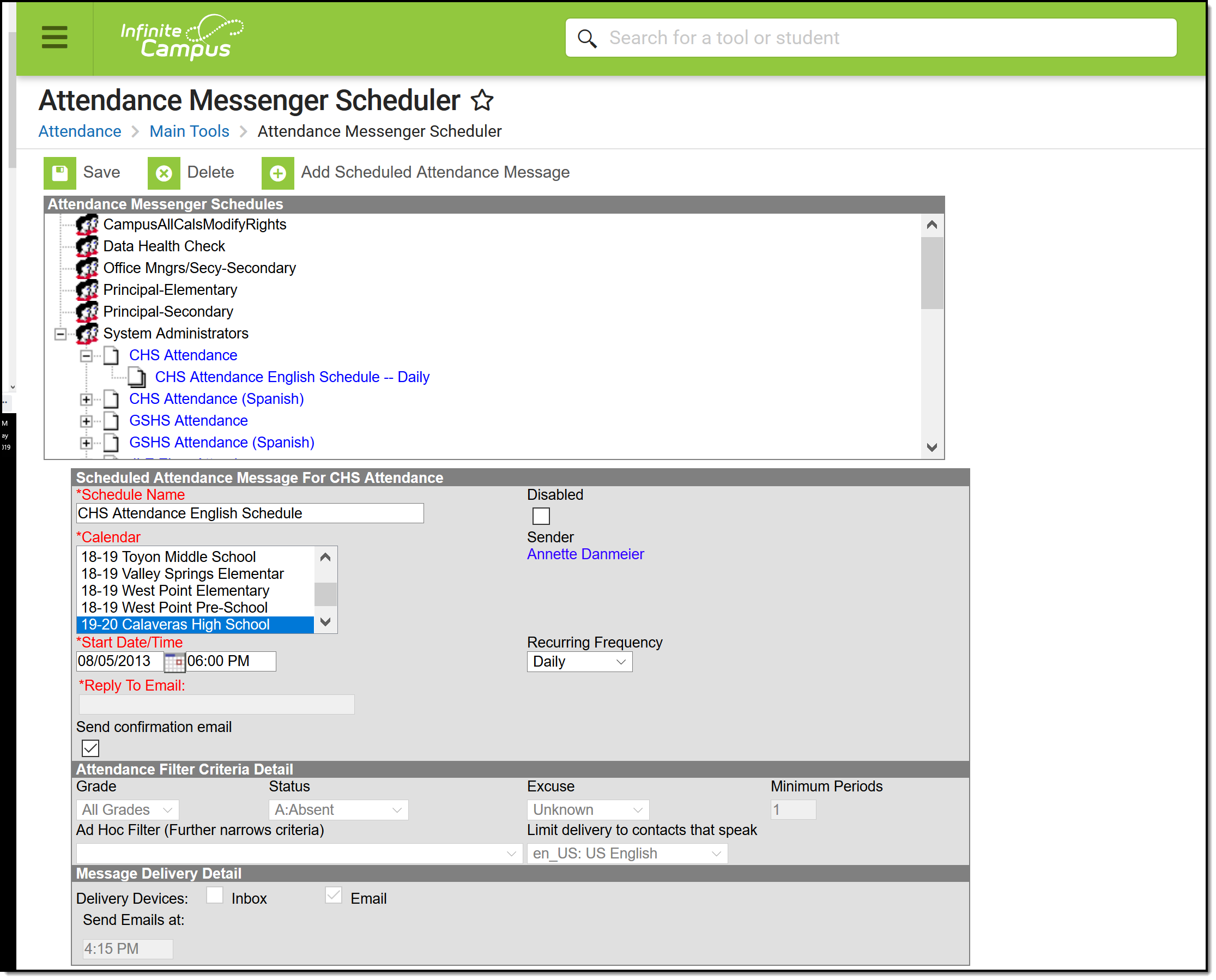 Screenshot of Attendance Messenger Scheduler Tool.