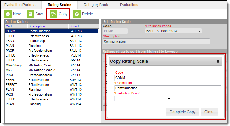 Screenshot of the Copy Rating Scale window after clicking the Copy button.
