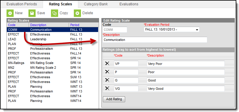Screenshot of the Edit Rating Scale window after clicking an existing rating scale.
