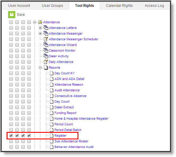 Screenshot of an example of the register tool rights.
