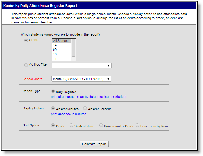 Screenshot of an example of the kentucky daily attendance register report.